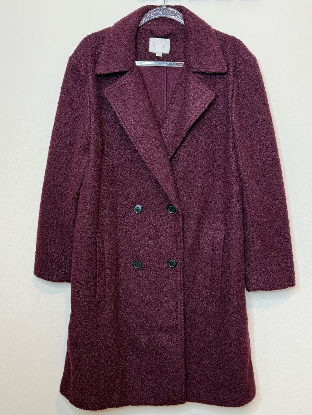 LOFT Burgundy Double-Breasted Bouclé Pea Coat XL